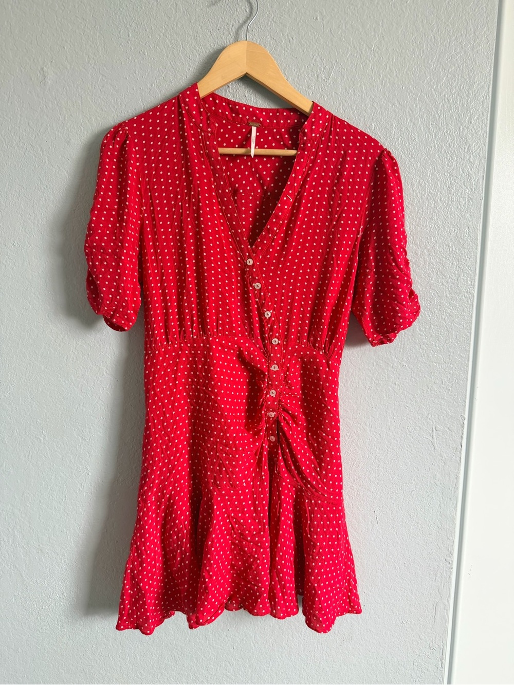 Free people Red Polka Dot V‑Neck Button Front Women’s Dress